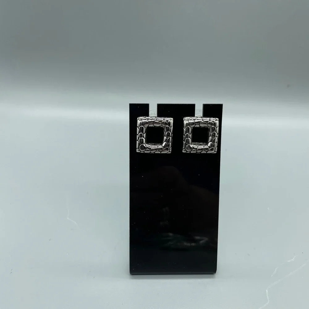 Silver Tone Textured Pebble Square Stud Earrings Open‎ Geometric Post Backs